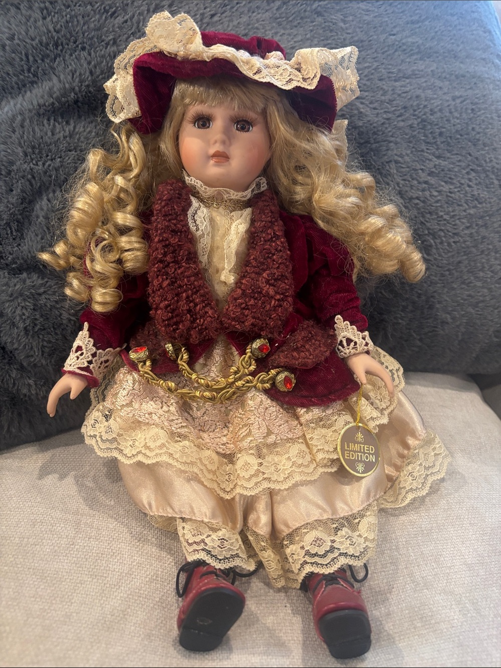 Vintage Collector’s Choice 17” Porcelain Doll – Burgundy & Lace Outfit (No Box)